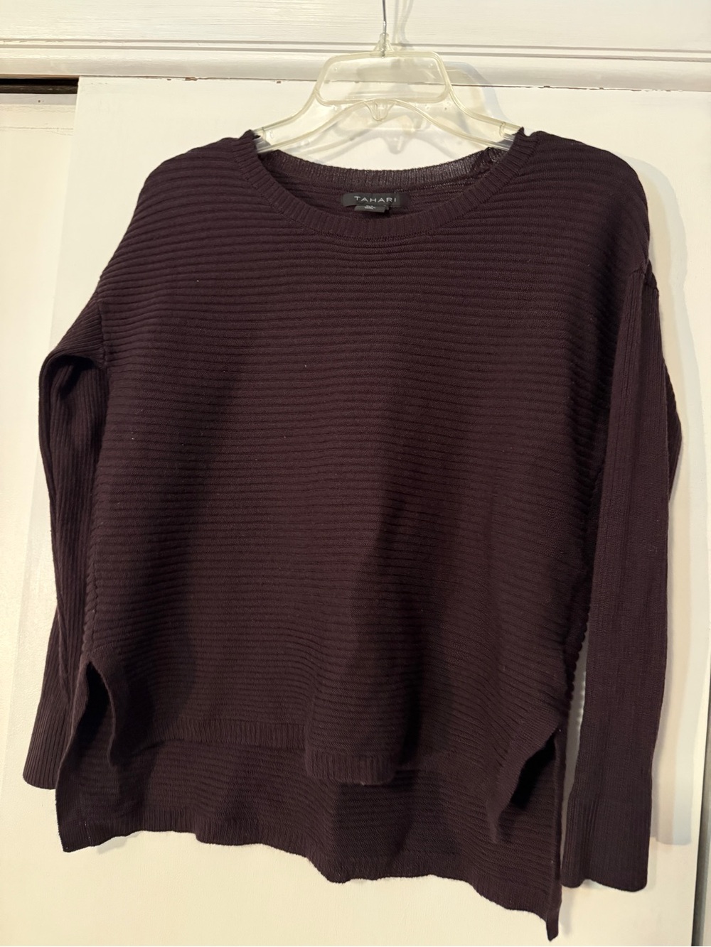 Tahari Ribbed Crewneck Sweater in Plum